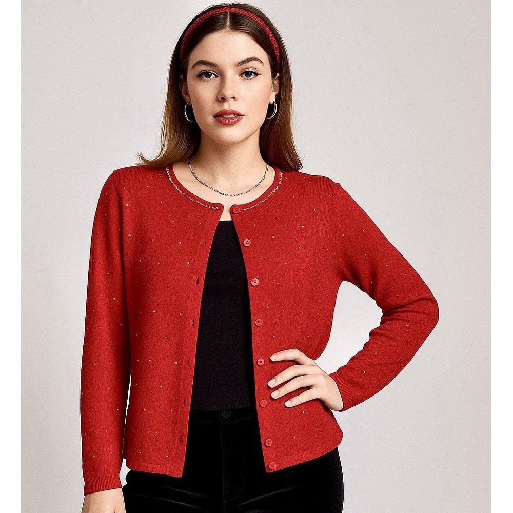 Y2K Red Sparkle Beaded Sequins Button Up Sweater Sz L Cardigan Silk Blend